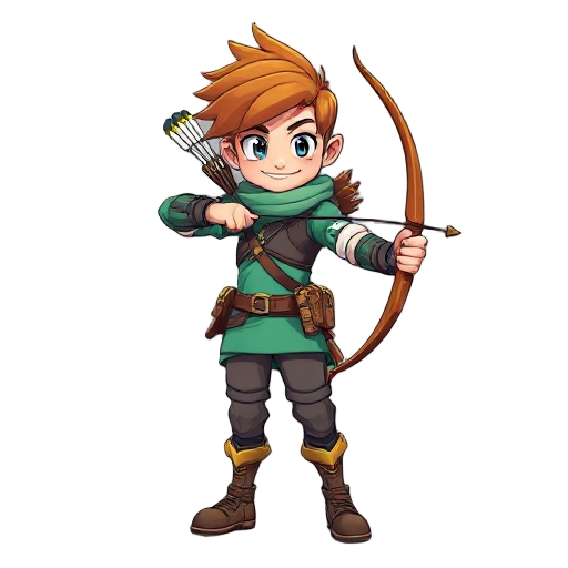 create a brightly colored 2d archer character with a mix of manga and cartoon styles. position him facing forward.
