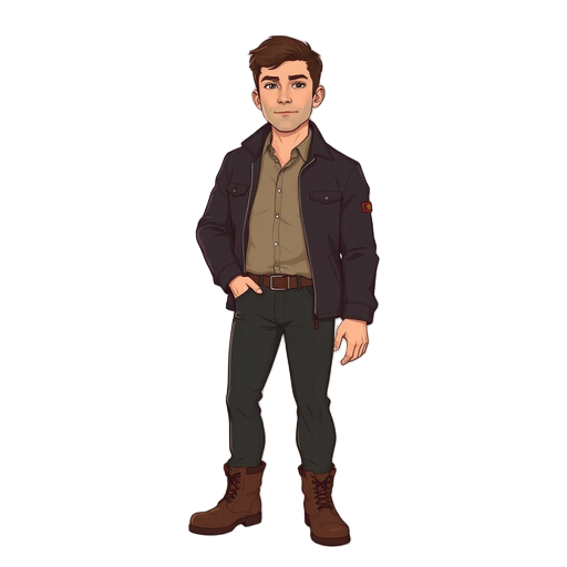 full body male character, early 30s, realistic proportions, calm and composed survival protagonist. wears a clean dark jacket, simple neutral shirt, fitted pants, practical boots, well-maintained and orderly appearance. holding a flashlight in right hand,