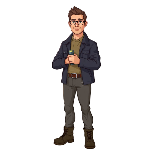 full body male character, early 30s, realistic proportions, grounded and restrained presence. wearing a clean dark jacket, neutral shirt, fitted pants, practical boots, neat and orderly appearance. holding a flashlight with both hands at chest level, elbo