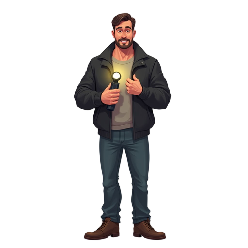 full body male character, early 30s, realistic proportions, grounded and restrained presence. wearing a clean dark jacket, neutral shirt, fitted pants, practical boots, neat and orderly appearance. holding a flashlight with both hands at chest level, elbo