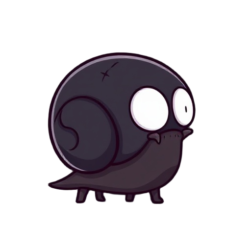 a cute yet dark bipedal snail character, standing on two short legs, in a hollow knight–inspired art style. minimalist and clean design, smooth shapes, small body, slightly oversized head. the snail has a simple dark shell with subtle shadow patterns, not
