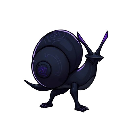 a dark fantasy bipedal snail protagonist, standing upright on two powerful legs, humanoid posture. the character is a shadow assassin snail, with a dark obsidian shell engraved with glowing runes on its back. it wields twin shadow daggers, one in each han