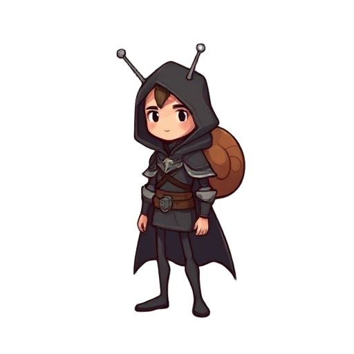 a humanoid protagonist inspired by a snail, not an animal. slim humanoid body, human proportions, standing upright on two legs. the character wears a dark cloak and light armor, with a stylized snail-shell-shaped backpack or cape ornament, subtle and symb