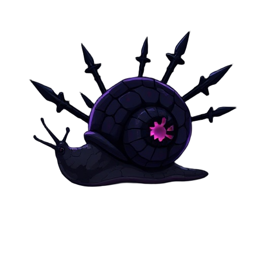 a dark fantasy scene featuring a shadowy assassin snail. the snail has a black, cracked shell covered in dark runes, glowing with faint purple energy. from its body emerge multiple shadow-forged daggers, floating and orbiting it as if controlled by dark m