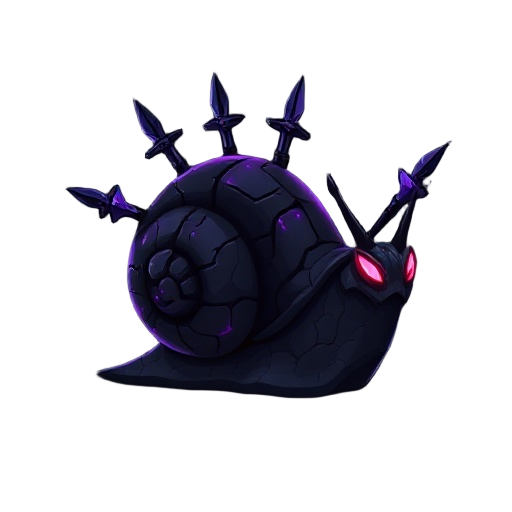 a dark fantasy scene featuring a shadowy assassin snail. the snail has a black, cracked shell covered in dark runes, glowing with faint purple energy. from its body emerge multiple shadow-forged daggers, floating and orbiting it as if controlled by dark m