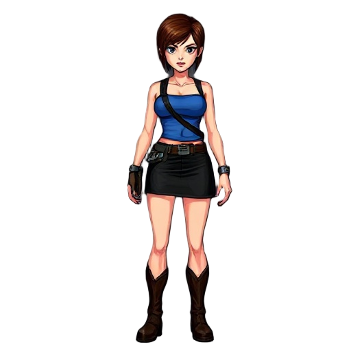 jill valentine from the original playstation 1 game resident evil 3: nemesis, classic 1999 low-poly survival horror style, blue tube top, black mini skirt, shoulder holster, brown boots, short brown hair, determined expression, standing in a dark ruined r