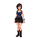 jill valentine from the original playstation 1 game resident evil 3: nemesis, classic 1999 low-poly survival horror style, blue tube top, black mini skirt, shoulder holster, brown boots, short brown hair, determined expression, standing in a dark ruined r