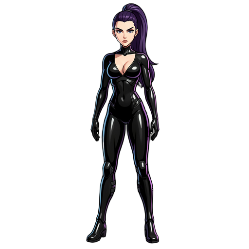 full body female futuristic operative, athletic feminine body, long legs, narrow waist, glossy black latex bodysuit, deep v cleavage, tight reflective material, dark purple long hair in high ponytail, sharp face, serious confident expression, elegant dang