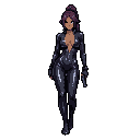 full body female futuristic operative, athletic feminine body, long legs, narrow waist, glossy black latex bodysuit, deep v cleavage, tight reflective material, dark purple long hair in high ponytail, sharp face, serious confident expression, elegant dang