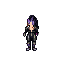 full body female futuristic operative, athletic feminine body, long legs, narrow waist, glossy black latex bodysuit, deep v cleavage, tight reflective material, dark purple long hair in high ponytail, sharp face, serious confident expression, elegant dang