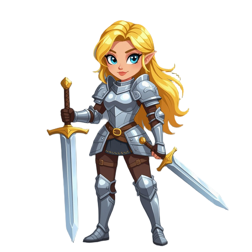 woman, yellow hair, holding sword with a silver armor