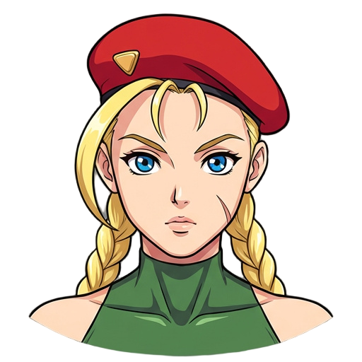 cammy white from street fighter, green suit, two long polytail, blonde, red barret cap