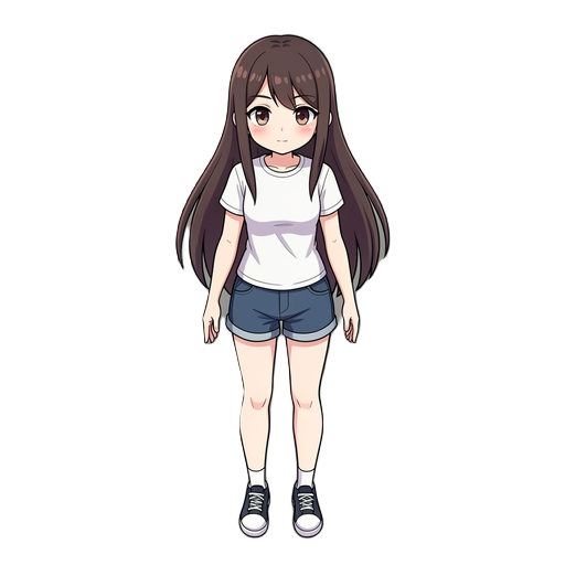 top down anime girl wearing shirt and short shorts with long hair