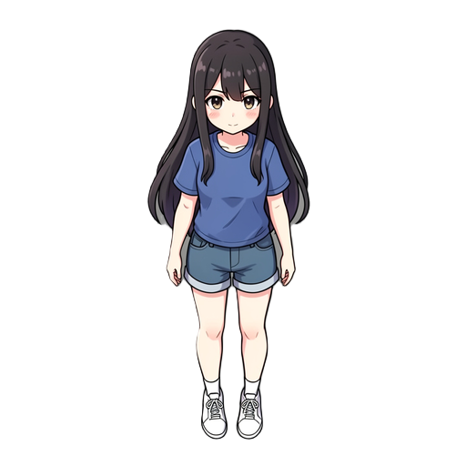 top down anime girl wearing shirt and short shorts with long hair