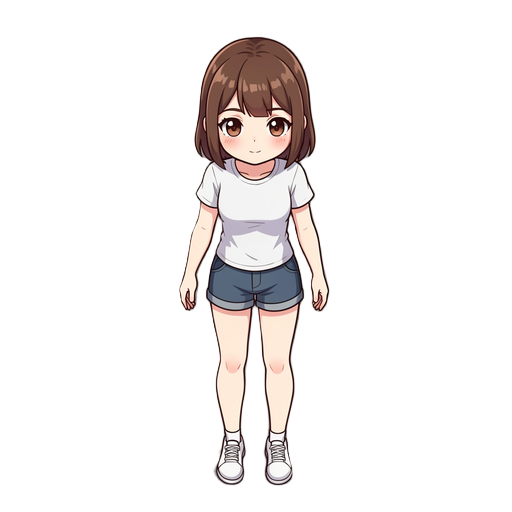 top down rpg angle cute fit slim anime girl wearing only shirt and shorts