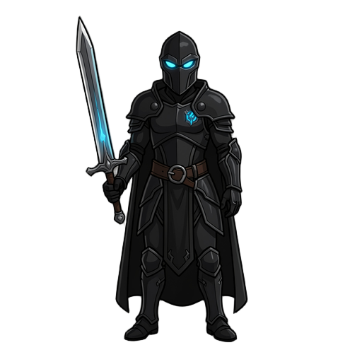 gere um personagem cavaleiro sombrio. a espada e olhos é azul a roupa preta, e gere animaçoes 