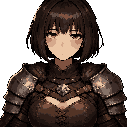 a woman using a leather armor with metal plates ohesn ct and shouler,  with brown tired eyes, the hair is short, straight, and dark, cut at chin length, with bangs above the eyes.