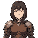 a woman using a leather armor with metal plates ohesn ct and shouler,  with brown tired eyes, the hair is short, straight, and dark, cut at chin length, with bangs above the eyes.