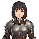 a woman using a leather armor with metal plates ohesn ct and shouler,  with brown tired eyes, the hair is short, straight, and dark, cut at chin length, with bangs above the eyes.
