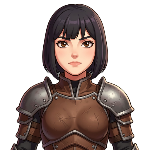 a woman using a leather armor with metal plates ohesn ct and shouler,  with brown tired eyes, the hair is short, straight, and dark, cut at chin length, with bangs above the eyes.