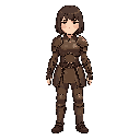 a woman using a leather armor with metal plates and shouler,  with brown tired eyes, the hair is short, straight, and dark, cut at chin length, with bangs above the eyes.