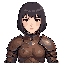 a woman using a leather armor with metal plates ohesn ct and shouler,  with brown tired eyes, the hair is short, straight, and dark, cut at chin length, with bangs above the eyes.
