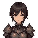 a woman using a leather armor with metal plates ohesn ct and shouler,  with brown tired eyes, the hair is short, straight, and dark, cut at chin length, with bangs above the eyes.