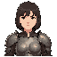 a woman using a leather armor with metal plates ohesn ct and shouler,  with brown tired eyes, the hair is short, straight, and dark, cut at chin length, with bangs above the eyes.