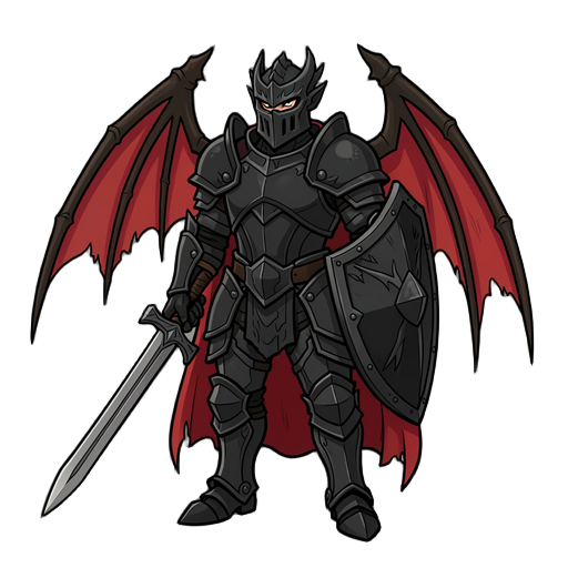 i need an image of a character in drawing form, a black knight, with heavy armor, sword and shield, and a red cloak on his back. i need heavy plate armor, stylized as if it were draconic. the helmet needs to follow the same idea. the red cloak needs to ha
