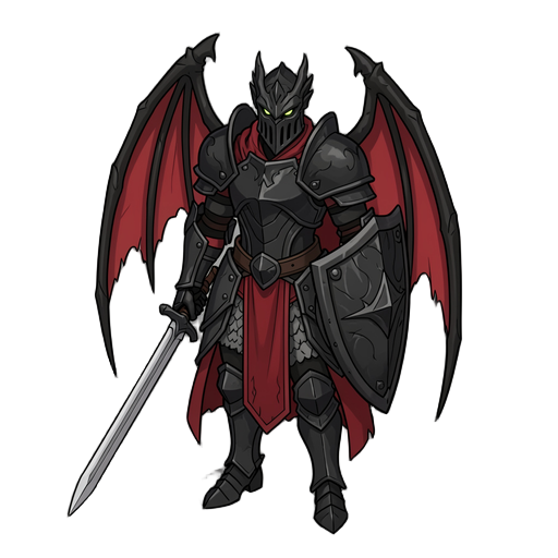 i need an image of a character in drawing form, a black knight, with heavy armor, sword and shield, and a red cloak on his back. i need heavy plate armor, stylized as if it were draconic. the helmet needs to follow the same idea. the red cloak needs to ha