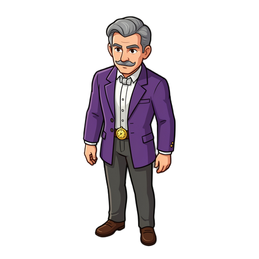 a aristocrat man with grey hair and a moustache. he's wearing a purple jacket and a golden watch