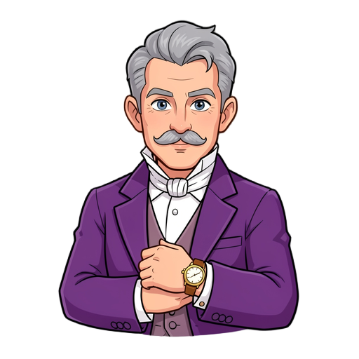 a aristocrat man with grey hair and a moustache. he's wearing a purple jacket and a golden watch