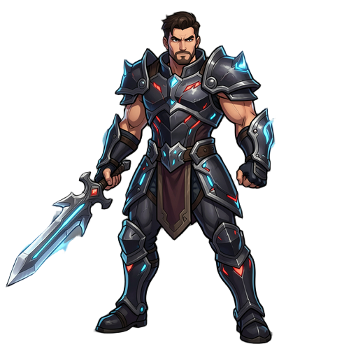 a powerful fantasy gladiator inspired by cabal online, male character, athletic and muscular body, wearing dark heavy armor with sharp edges, futuristic fantasy design, glowing blue and red energy details, large sword or dual blades, confident battle stan