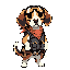 a beagle dog standing upright on hind legs in heroic pose, wearing: - loose red bandana around neck (slightly crooked) - black tactical vest with bulging pockets (kibble spilling out) - safety goggles pushed up on forehead - two dirt stripes under eyes li