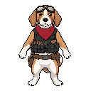 a beagle dog standing upright on hind legs in heroic pose, wearing: - loose red bandana around neck (slightly crooked) - black tactical vest with bulging pockets (kibble spilling out) - safety goggles pushed up on forehead - two dirt stripes under eyes li