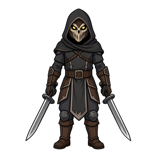 crie um guerreiro estilo hollow night que usa uma máscara de coruja e um capuz ele tem duas adagas como arma