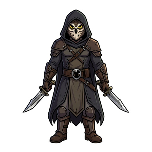 crie um guerreiro estilo hollow night que usa uma máscara de coruja e um capuz ele tem duas adagas como arma