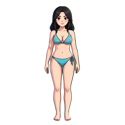 a woman with fair skin, black hair, and large breasts, wearing a bikini.