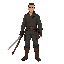 human character wearing dark, functional clothing — simple fabrics, worn leather, and a restrained sword.