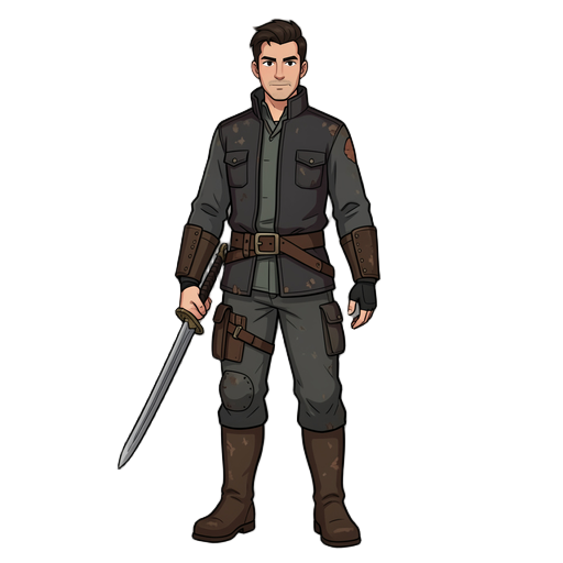 human character wearing dark, functional clothing — simple fabrics, worn leather, and a restrained sword.