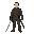 human character wearing dark, functional clothing — simple fabrics, worn leather, and a restrained sword.