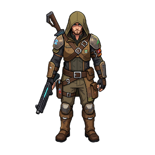 pixelated style, hunter with hood, destiny 2 hunter, weapon and knife, clean, slightly armoured