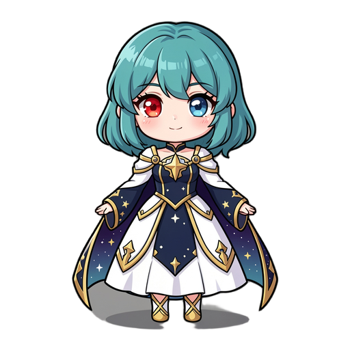 chibi anime fantasy girl, teal blue hair, heterochromia red and blue eyes, celestial star-themed outfit, white and navy blue dress with gold details, night sky cape sleeves, cute magical idol style, full body, high quality anime illustration