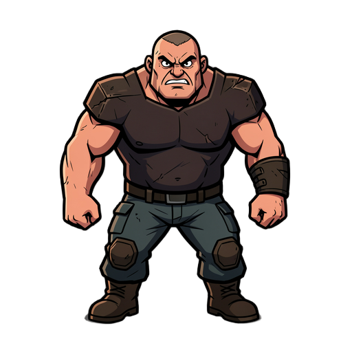 generate a stocky, aggressive street-level extremist enemy with a bold, readable retro-shooter silhouette—broad squared shoulders, thick torso, and a compact, forward-leaning stance that makes him look like a charging brick with legs. his head has a very 