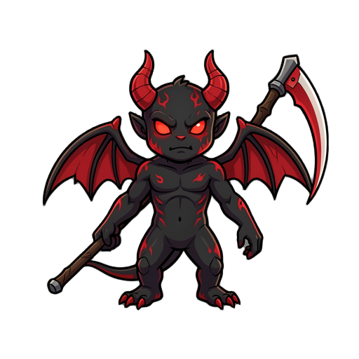 create a character for a platform game. he will be a demon, black, with red details, two small horns, small wings, and his weapon is a scythe.