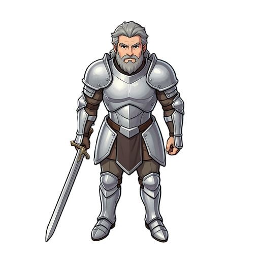 cavaleiro com armadura prateada, sem capacete, com uma espada na mão, ele tem barba e cabelos grisalhos.