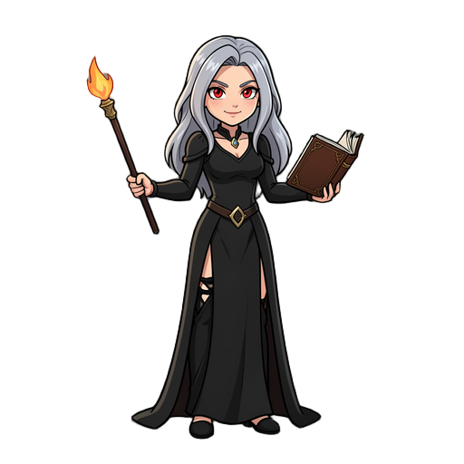 wich woman fantasy character with black clothes, a wand on left hand and a book on right, silver hair red eyes