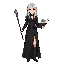 wich woman  fantasy character with black clothes, a wand on left hand and a book on right, silver hair red eyes