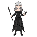 wich woman  fantasy character with black clothes, a wand on left hand and a book on right, silver hair red eyes