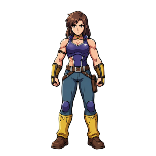 crie uma personagem feminina em estilo cartoon inspirado em rpgs clássicos como pokémon firered, com aparência forte, confiante e marcante. a personagem deve aparecer de corpo inteiro, posicionada de frente, olhando diretamente para o observador como se e